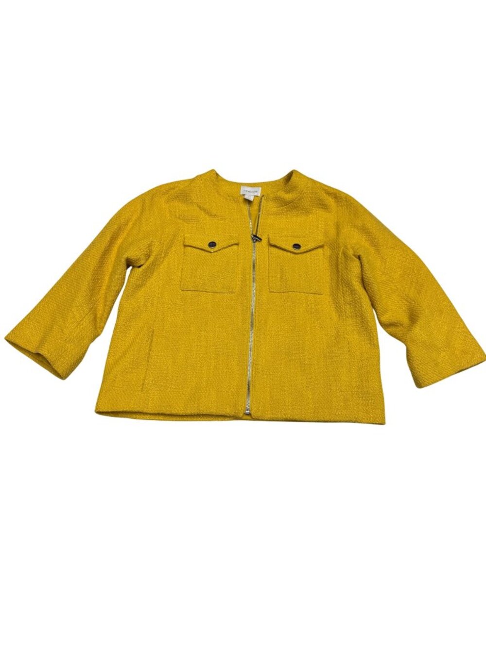 Chico's Women's Cotton Yellow Textured Full Zip Front 3/4 Sleeve Blazer, Size 0